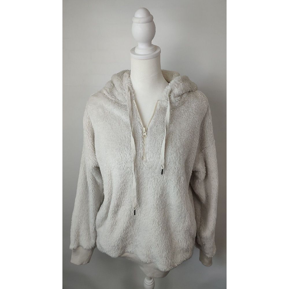 Aerie Womens Cream Faux Fur Fleece Quarter Zip‎ Hoodie Small RN54485